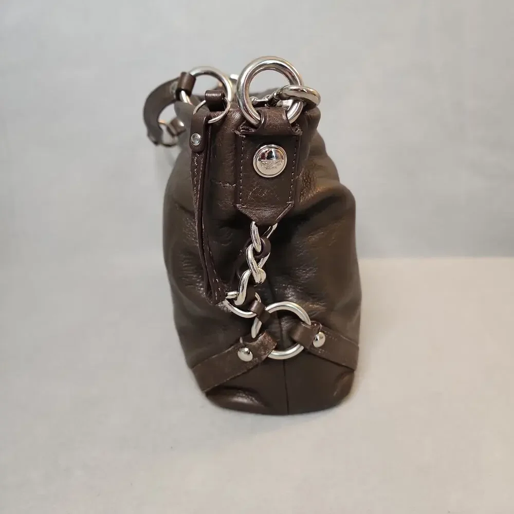 COACH CARLY F1073-F15251 Dark Brown Pebbled Leather Chunky Chain Purse Bag Hobo